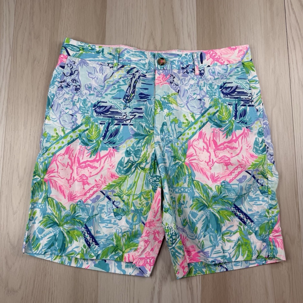 Lilly Pulitzer Mens Beaumont Chino Shorts Tropical Floral Colorful Print Size 34